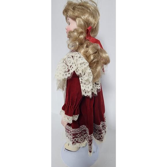 Vintage Tender Hearts Porcelain Doll No. 594 Red Velvet Lace Dress w/ Stand - Picture 3 of 10